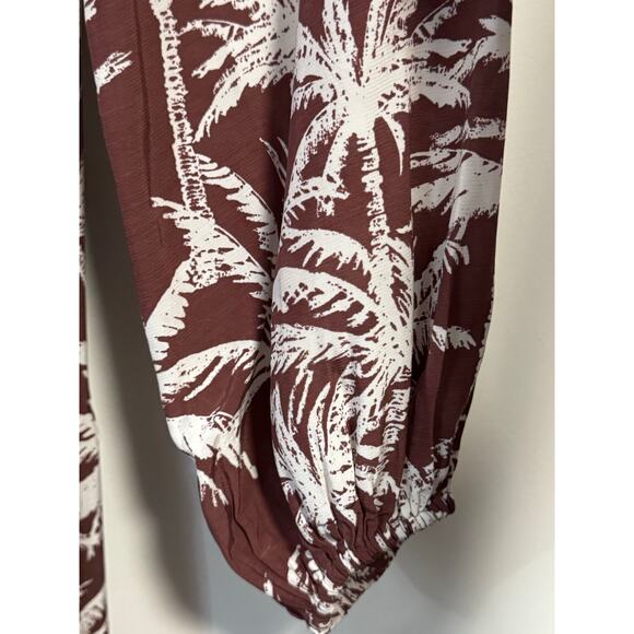 Express NWT Brown & white palm mini shirt dress Oversized flowy L/S tiered hem - Picture 8 of 12